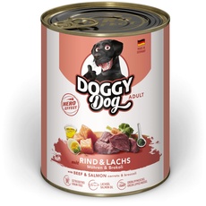 DOGGY Dog Paté Rind & Lachs, 6 x 800 g, Nassfutter für Hunde, getreidefreies Hundefutter mit Lachsöl und Grünlippmuschel, Alleinfuttermittel mit Karotte und Brokkoli, Made in Germany