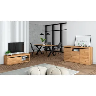 Skraut Home - Wohnzimmermöbel-Set | Tisch 170 Rand Schwarze X-Beine 8 Personen | Lowboard 120 | Sideboard/Buffetschrank 140 | Eiche und Schwarz | Industrieller Still