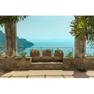 Papermoon Fototapete »PERGOLA-TERRASSE STRAND KLIPPEN KÜSTE BLUMEN GEBIRGE«, bunt