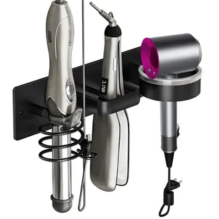 Vyranut Wand-Haartrocknerhalter mit Doppelter Montage – Föhn Halter aus Space-Aluminium ohne Bohren oder mit Schrauben, mit Kabelschlitz, Schwarzes Design, 30 × 8 cm