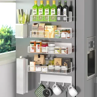 DTUQYX Gewürzregal aus Metall, für Kühlschrank, beweglicher Organizer mit Hakenleiste, Papierhandtuchhalter, starke magnetische Aufbewahrung, 7 Stück