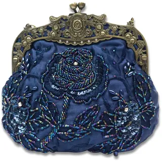 CORIOS Vintage 1920s Abendtasche Damen Floral Clutch Tasche Handgemachte Perle Handtasche Klein Tasche Elegante Schultertasche Kette Umhängetasche für Hochzeit Bankett-Party Abschlussball Blau