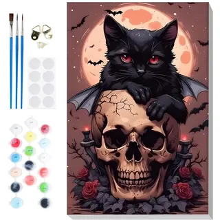 Lxmsja Katze Malen Nach Zahlen Erwachsene mit Rahmen, Skelett Malen Nach Zahlen Halloween, Diy Set Erwachsene mit Pinseln und Acrylfarben Handgemalt Ölgemälde Leinwand für Home Décor, 20x30cm