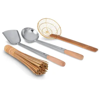 Craft Wok Tools 732W9 Schöpflöffel, Pfannenwender, Sieb, Bambusbürste/Utensilien, traditionelles asiatisches Kochgeschirr mit Holzgriffen, 4-teiliges Set