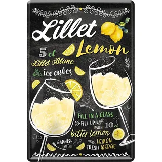 WOGEKA ART Retro Blechschild - LILLET Lemon - Cocktail Rezept als Geschenk-Idee zum Geburtstag Weihnachten zur Deko für Haus-Bar Pub Kneipe 20x30 cm Vintage-Design Metall 202