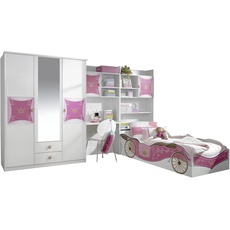 Rauch Möbel Kate Kinderzimmer Mädchenzimmer, Weiß / Motiv Prinzessin, Rosa, Gold, Set bestehend aus Kleiderschrank mit Spiegel, Bett, Schreibtisch- und Bettschrank, Gesamtmaße BxHxT 326x199x238 cm