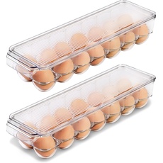 KICHLY Eierbehälter für kühlschrank -Eierbox mit 14 Fächern, Deckel und Griff, Kunststoff Eier Aufbewahrungsbox, Eierhalter Kühlschrank, Eier Aufbewahrung (2er-Pack)