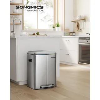 SONGMICS Mülleimer Küche, Treteimer, 2 x 20 L, Mülltrennsystem 2 Fächer, Silbern - Silber