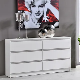 Kommode mit 6 Schubladen 140x78 cm Kommode weiß Holz Schrank Kommode mit Schubladen Sideboard Highboard Anrichte Organizer Breite 140 cm Höhe 78 cm - Weiß