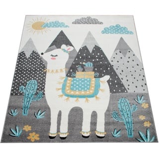 Paco Home Kinderteppich Teppich Kinderzimmer Lama, Berge Kinder-Motiv, Grau Türkis Gelb, Grösse:160x220 cm