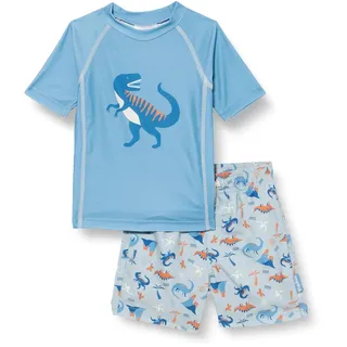 Playshoes Unisex Kinder UV-Schutz Bade-Set zweiteilig Schwimmshirt Badeshorts Badebekleidung, Dino blau, 74/80