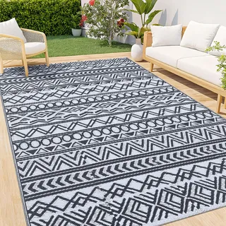smiry Outdoor Teppich Wetterfest 120 x 180 cm, Modern UV-beständig Geometrisches für Terrasse Balkon Garten Wohnzimmer, Schwarz & Weiß