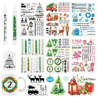 HOWAF 7 Bögen Kerzentattoos für Weihnachten, Adventskalender Kerzen Folie, Sticker Aufkleber, Sprüche zum Verschenken, für Kerzen/Keramik