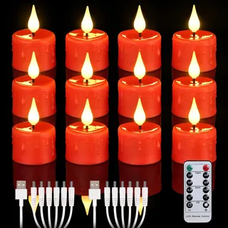 Cibnew Wiederaufladbare Teelichter mit Fernbedienung & Timerfunktion Flackernde Flamme LED Kerzen mit 2 Stück USB-Kabel für Party Zimmer Halloween Weihnachtsdekoration (12 Stück Rot)