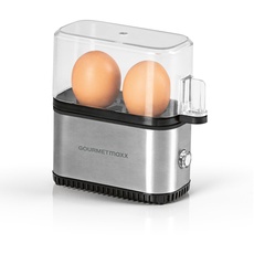 GOURMETmaxx Eierkocher für 2 Eier | Elektrischer, energiesparsamer Egg Cooker mit einfacher Bedienung für perfekte Frühstückseier | Mit Messbecher & Ei-Pick | Kompaktes Design & BPA frei [Edelstahl]