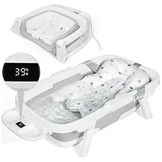 Orzbow Baby Badewanne, Faltbare Babybadewanne mit Thermometer, Große Babywanne für Kinder 0-6 Jahre mit Weicher Polsterung, 3-in-1 Schale, Langlebig, Abflussloch, Ideal für Reisen, Groß XXl, Grau