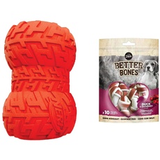 Nerf Dog Hundespielzeug Tire Snackfeeder, Snackfeeder auf Gummi mit Reifenprofil + BetterBones, Kauknochen für Hunde, mit Entenfleisch- und Cranberrygeschmack