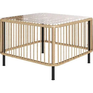 Polyrattan Gartentisch, 65 x 65 x 43 cm, wetterfest Beistelltisch quadrarischer Terrassentisch mit Glasplatte Couchtisch Balkontisch Gartenmöbel für Garten, Terrasse, Balkon Naturholz Aosom