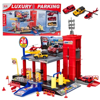 CELMAN Parkgarage Spielset für Kinder - Multilevel Spielzeugauto Parkhaus mit Handbetriebener Aufzug, inkl. 2 Metall Autos, Helikopter und Zubehör, Spielzeug für Kinder ab 3 4 5 6 7 8 Jahren