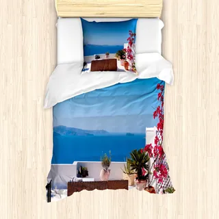 ABAKUHAUS Seestück Bettbezug Set für Einzelbetten, Santorini Ägäisches Meer, Milbensicher Allergiker geeignet mit Kissenbezug, Hellgrau Himmelblau und Rot