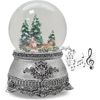Schneekugel Spieluhr Weihnachten | Kutsche Schlittenfahrt | Sockel Zinnoptik Ornamente | mit Musik | Schüttelkugel Weihnachtsdekoration | B: 10 cm H: 14 cm | 20312
