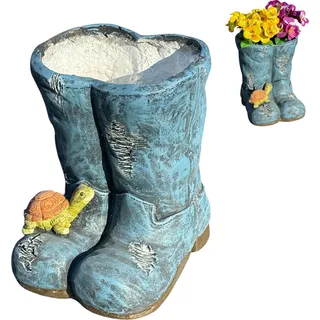Blumentopf Jeans Stiefel Blumen Garten Deko wetterfest mit Wasserablauf - Blau