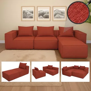 Mendler L-Sofa HWC-O54, Lounge-Couch mit Ottomane, erweiterbar modular rechts/links, Stoff/Textil 63x270x190cm - terrakotta