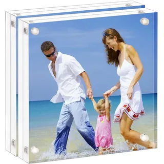 AMEITECH Acryl Bilderrahmen 10x10 cm, Klare doppelseitige Block Acryl Bilderrahmen, Rahmenloser Magnetischer Fotohalter für den Schreibtisch - 2er Pack
