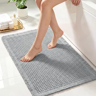 wiipara Badezimmerteppich rutschfeste Badematte Boho Badteppich, Hellgrau | Waffelstruktur Badezimmermatte, Badvorleger Saugfähig, Waschbar, Schnelltrocknend für Badezimmer Wohnzimmer Küche, 46x77cm