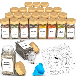 DIFULI 24 Gewürzgläser Eckig Set mit Deckel, 120ml Gewürzdosen mit 340 Etiketten, Gewürzstreuer Spice Jars Gewürzbehälter mit Trichter mit Streueinsatz,Leeren Aufklebern, Sieben (24 bambus)