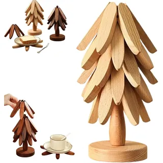 Topfuntersetzer Hitzebeständig,Untersetzer in Baumform,5 Stück Topfuntersetzer Holz& 1 Weihnachtsbaum Aufbewahrt,Faltbare hitzebeständige Pads für Küchenpfannen,Töpfe,Teekanne,Besteck,Tassen Naturholz