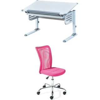 Bundle aus Inter Link – Höhenverstellbarer Schreibtisch – Kinderschreibtisch - Aus Metall Grau / Weiß – Inter Link - Kinderschreibtischstuhl - - 360° drehbar - Pink - Bonnie