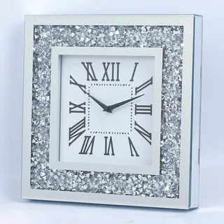CUYOU Decor Spiegel-Wanduhr mit Kristalldekorationen für Zuhause (silber-quadratisch, 35 cm)