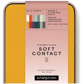 schlafgut Soft Contact Spannbettlaken 120x200 cm Baumwolle, Yellow Deep | Bettlaken, Spannbetttuch 130x200 cm, Gelb, wärmend, Winter, Jersey, bis 25 cm Steg, OEKO-TEX, Rundumgummi
