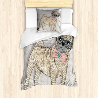 ABAKUHAUS Mops Mantele, Hipster-Hund Nerdy Glasses, Milbensicher Allergiker geeignet mit Kissenbezügen, 135 cm x 200 cm - 80 x 80 cm, Blassgelb Hellrosa