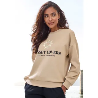Sweatshirt H.I.S, Damen, Gr. 32/34, camelfarben, Sweatware, Obermaterial: 60% Baumwolle, 40% Polyester, unifarben, bequem hüftlang, Rundhals, Rippbündchen, Sweatshirts Sweatshirt, mit großem Front-Print, Loungewear, Topseller