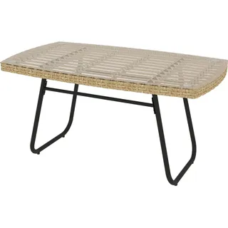 Polyrattan Gartentisch, 90 x 50 x 45 cm, UV-beständig Beistelltisch mit Glasplatte, rechteckiger Terrassentisch, Balkontisch für Garten, Terrasse, Balkon Naturholz Aosom