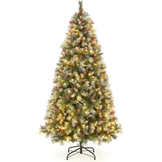 195 cm Künstlicher Weihnachtsbaum mit Beleuchtung & Schnee & Tannenzapfen & Roten Beeren