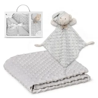 Interbaby Babydecke Kuscheldecke Baumwolle + Schnuffeltuch Bär Set (Grau) | Maße: Decke 80x110 cm, Kuscheltier 28x17 cm. Samtweich mit Bläschenstruktur, in Geschenkbox zur Geburt für Mädchen & Junge