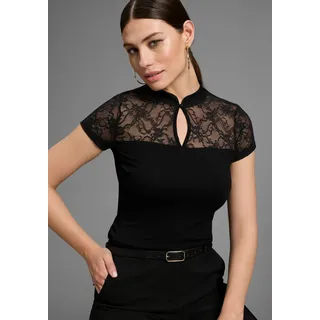 T-Shirt MELROSE, Damen, Gr. 36, schwarz, Jersey, Obermaterial: 95% Viskose, 5% Elasthan. Spitze: 95% Polyester, 5% Elasthan, leicht transparent, tailliert hüftlang, Shirts T-Shirt, taillierte Passform, mit Stehkragen, aus Jersey und Spitze, Topseller