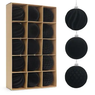 Miaikoe 15 Stück Samt Weihnachtskugeln hängende Ornamente Set, vorgebunden zerstörungsdicht Plastik Flocked Weihnachtskugeln Weihnachtsdekorationen Festival Feiertag Party Dekor (schwarz, 8CM)