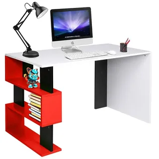 BAKAJI Schreibtisch mit Bücherregal, 3 Etagen, Arbeitstisch, Tür, PC, Gestell und Tischplatte aus Holz, MDF, Möbel, Büro, modernes Design, Maße: 120 x 60 x 75 cm (Rot)
