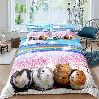 Meerschweinchen Bettwäsche Set 135x200cm für Mädchen Jungen Niedlich Meerschweinchen Schön Haustier Betten Set Regenbogen Berg Landschaft Bettbezug Set Zimmer Dekor Kirsche Baum Sammlung 2St