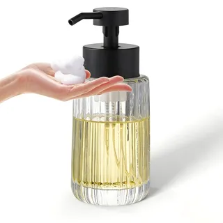 Easy Tang Schaumseifenspender aus Glas mit schwarzer Pumpe, 340 ml, Vintage-inspirierte, Moderne Glasflasche, nachfüllbar, für Badezimmer, Waschtisch, Arbeitsplatte und Küche