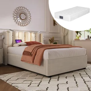 okwish gepolstertes Einzelbett 90x200 mit Stauraum, Leselampe mit Ladefunktion, Leinen-Teenagerbett 90x200, naturfarben (mit Matratze und Lattenrost) - Beige