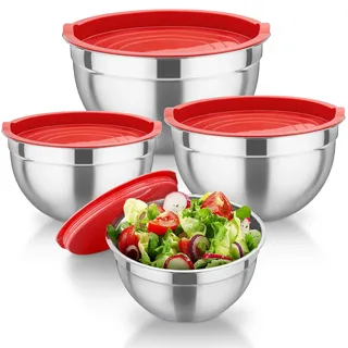 TEAMFAR Rührschüssel 4er Set, Edelstahl Schüssel mit Luftdicht Deckel, 4,5/3/1,5/1,2L Mehrzweck Salatschüssel Servierschüssel, Spülmaschinenfest, Rot