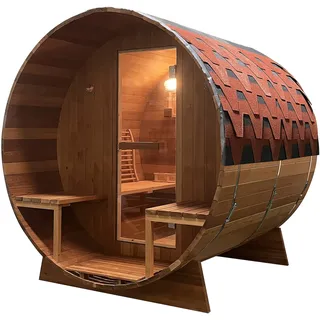 Outdoor Fasssauna BERGEN - 180 x 180 x 188 cm - Mit Saunaofen, Sicherheitsglas, Saunazubehör