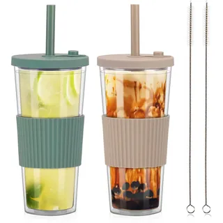 ZgoEC 24oz/730ml Bubble Tea Becher mit Strohhalm und Deckel, 2er Set Wiederverwendbar Plastikbecher, Doppelwandig Isoliert Trinkbecher für Kaffee, Smoothie, Saft, Tumbler Becher als Geschenk