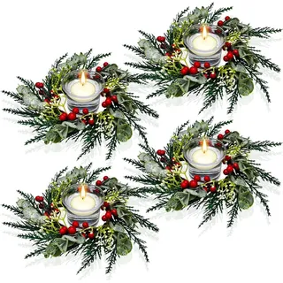 LATERN 4 Stück Weihnachts Kerzenringe, 20CM Künstlicher Roten Beeren Kranz Verschneiten Kiefernnadeln Kerzenring für Säulen Rustikal Hochzeit Kernstück Haustür Weihnachten Tisch Dekoration