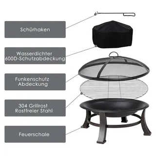 Feuerschale - Garten-Feuerstelle - Rund, Ø 76 cm - 46 cm hoch - Grillrost - Funkenschutz - Schwarz